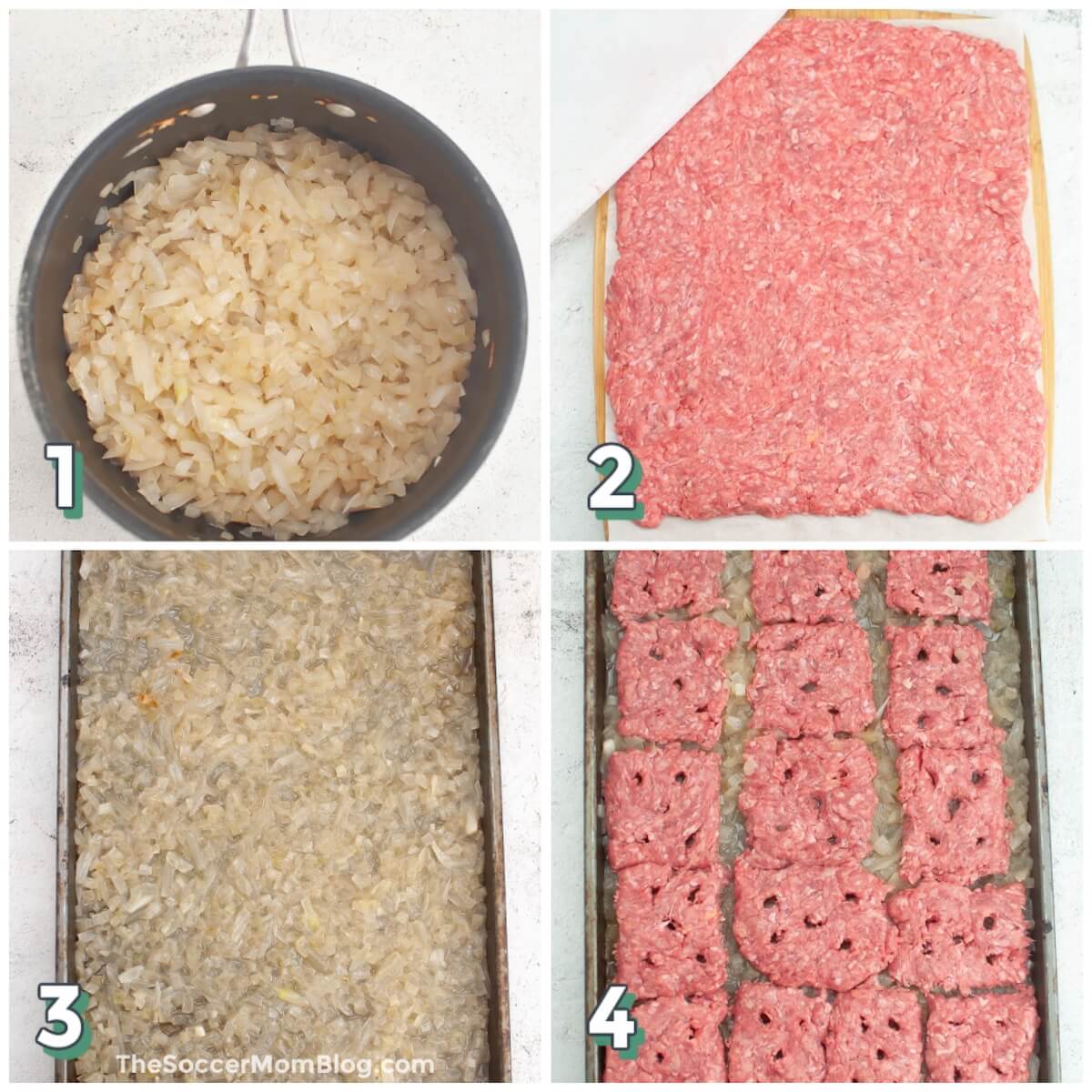 4-photo collage showing how to make homemade White Castle steam burger patties and onions.