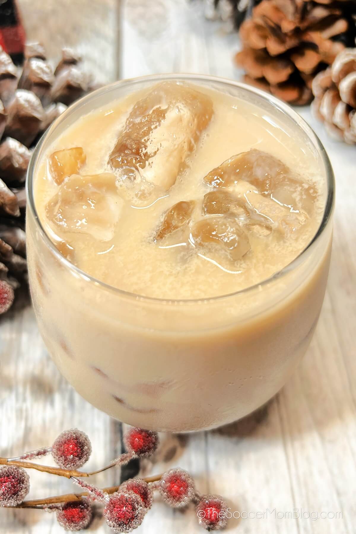 top down view of an eggnog White Russian drink to show the creamy texture.