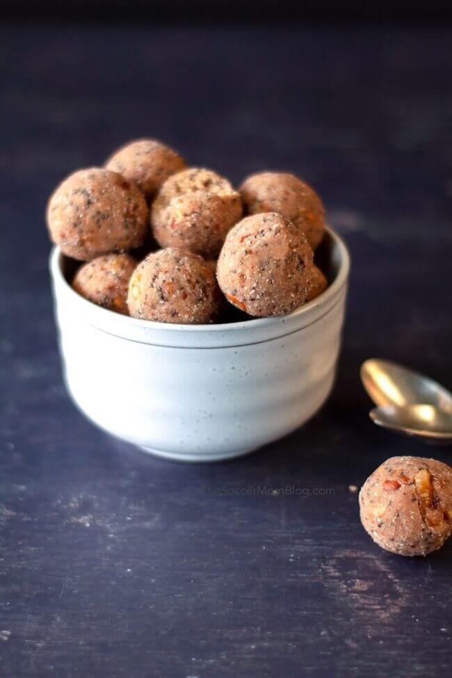 bowl of homemade protein balls.