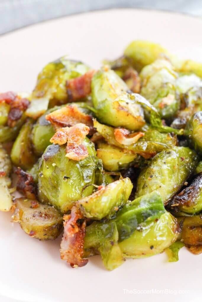 plate of maple bacon brussels sprouts.