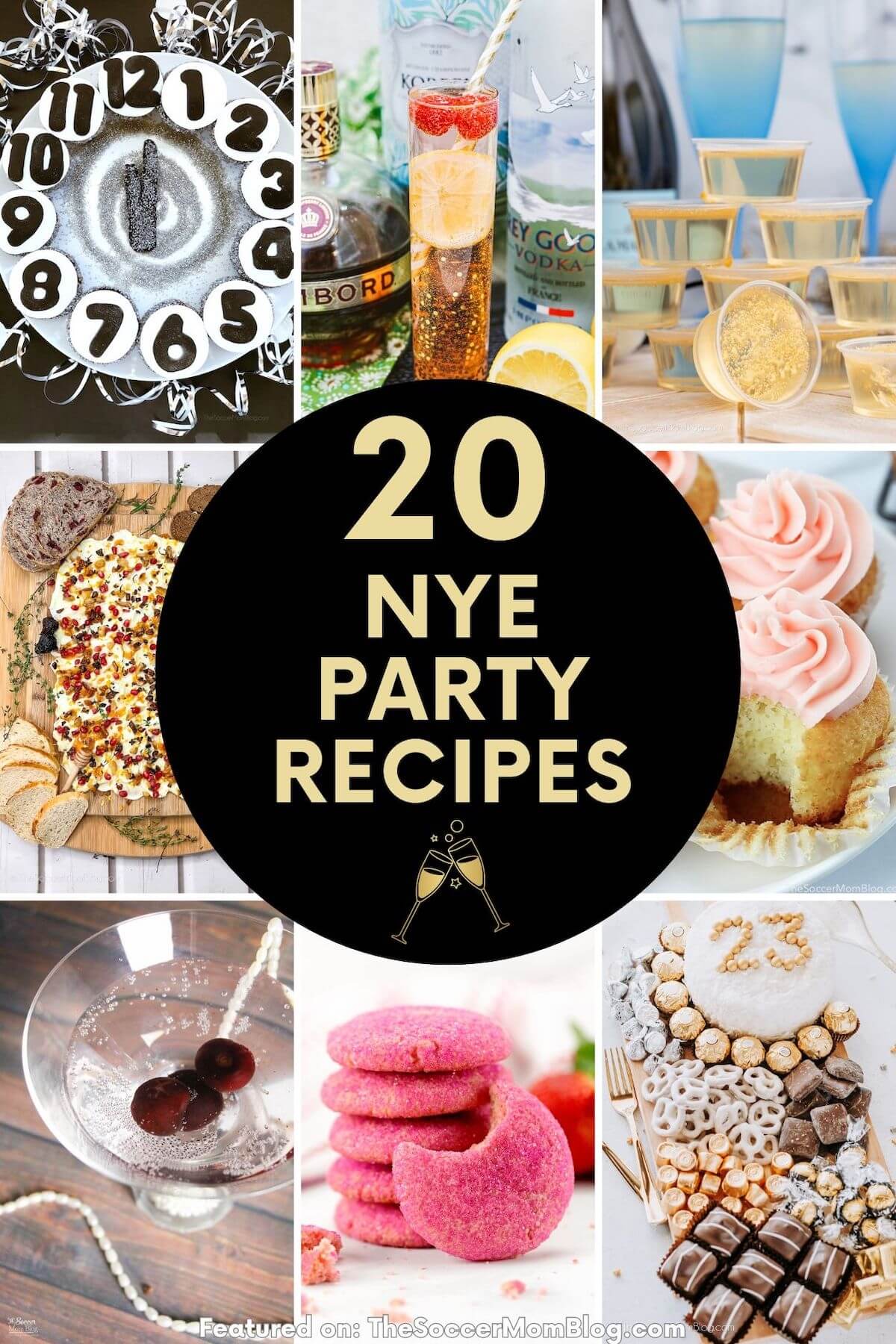 collage of festive foods for New Year's Eve, with text overlay "20 NYE Party Recipes".