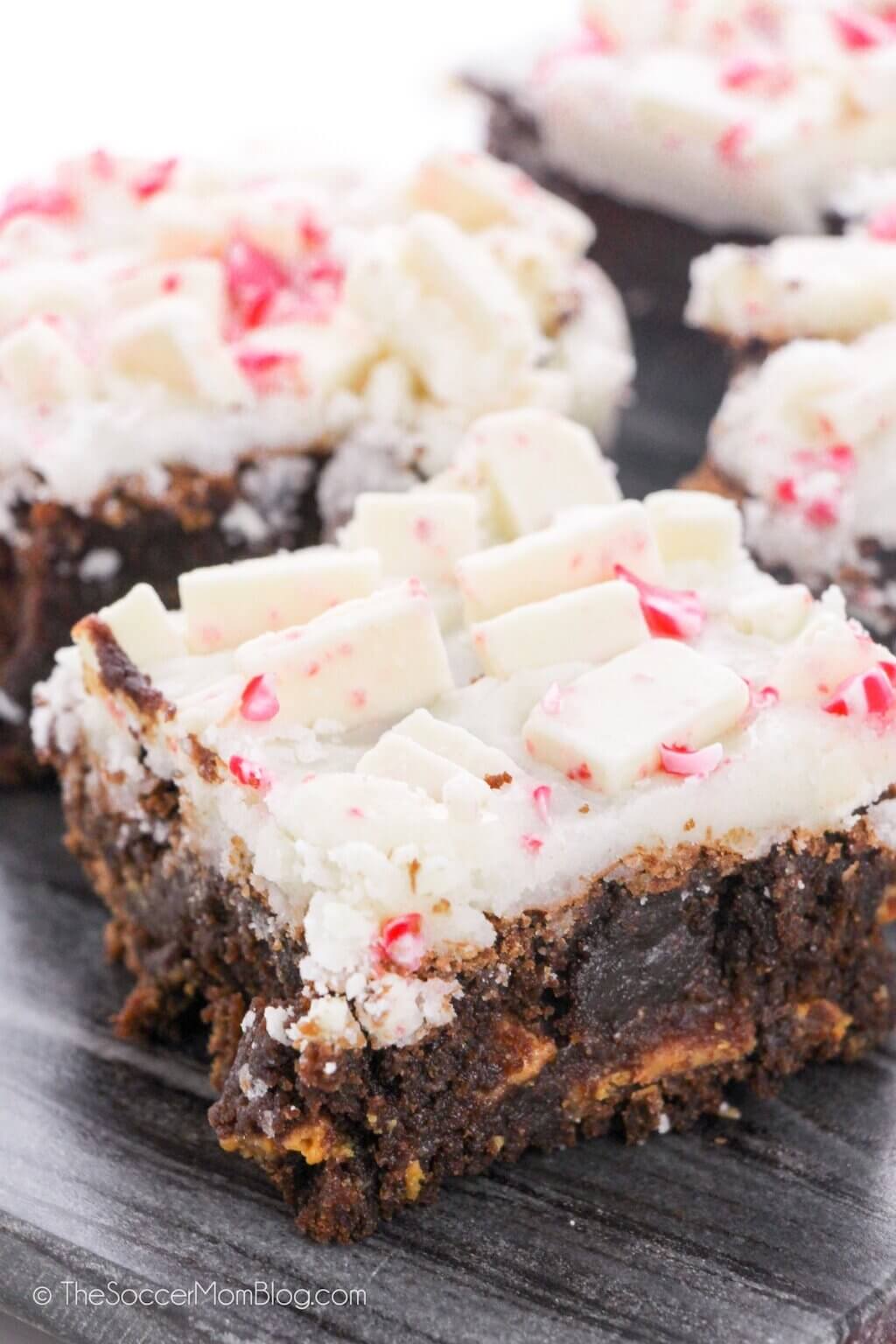 brownies with white frosting and peppermint bits.