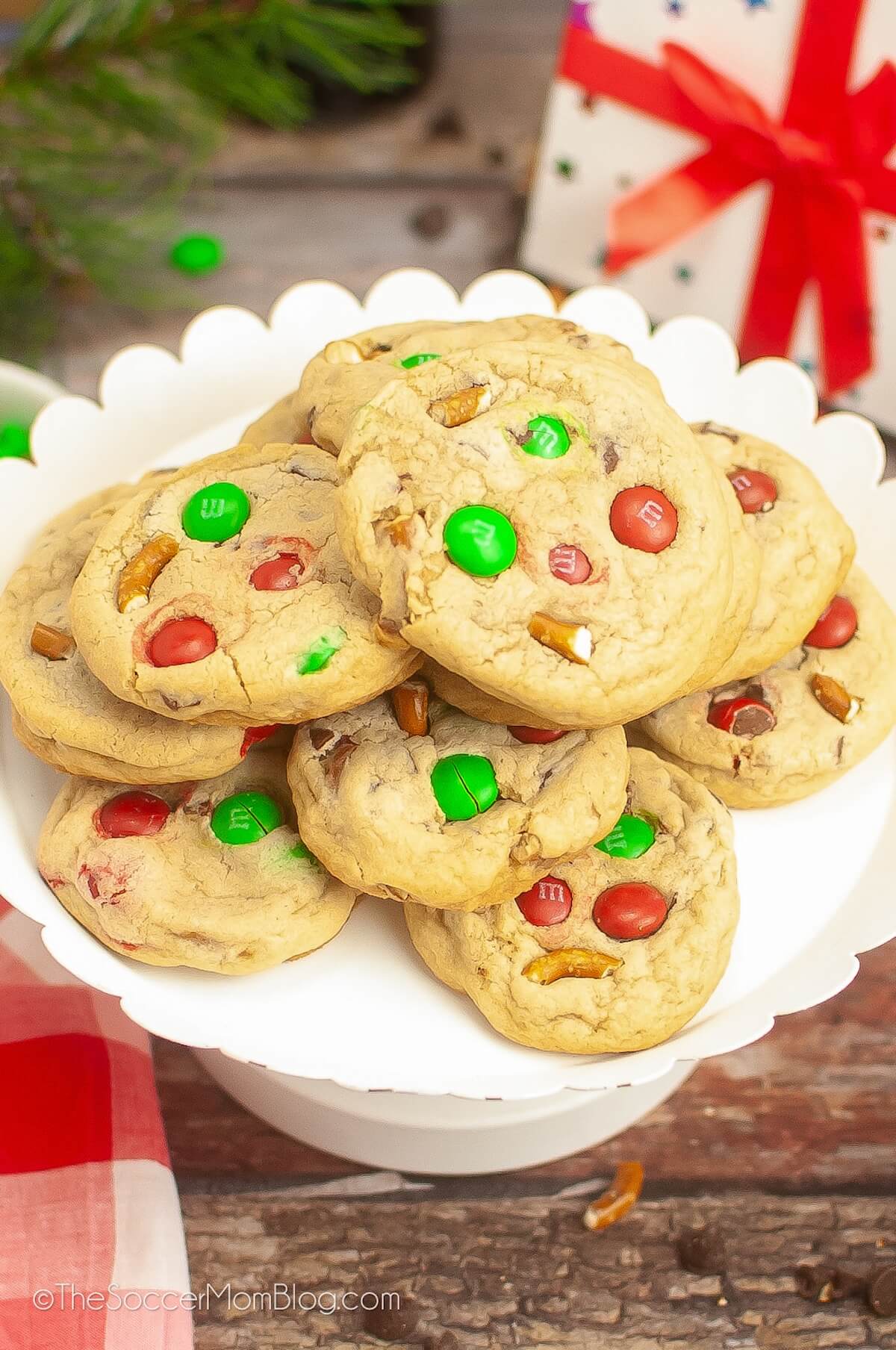 plate of Christmas cookies with red & green M&Ms.