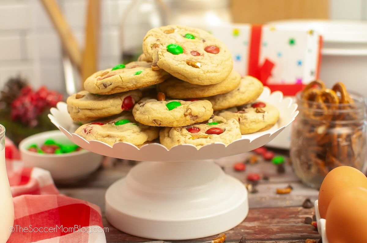 cake stand with a pile of Santa's favorite Christmas cookies.