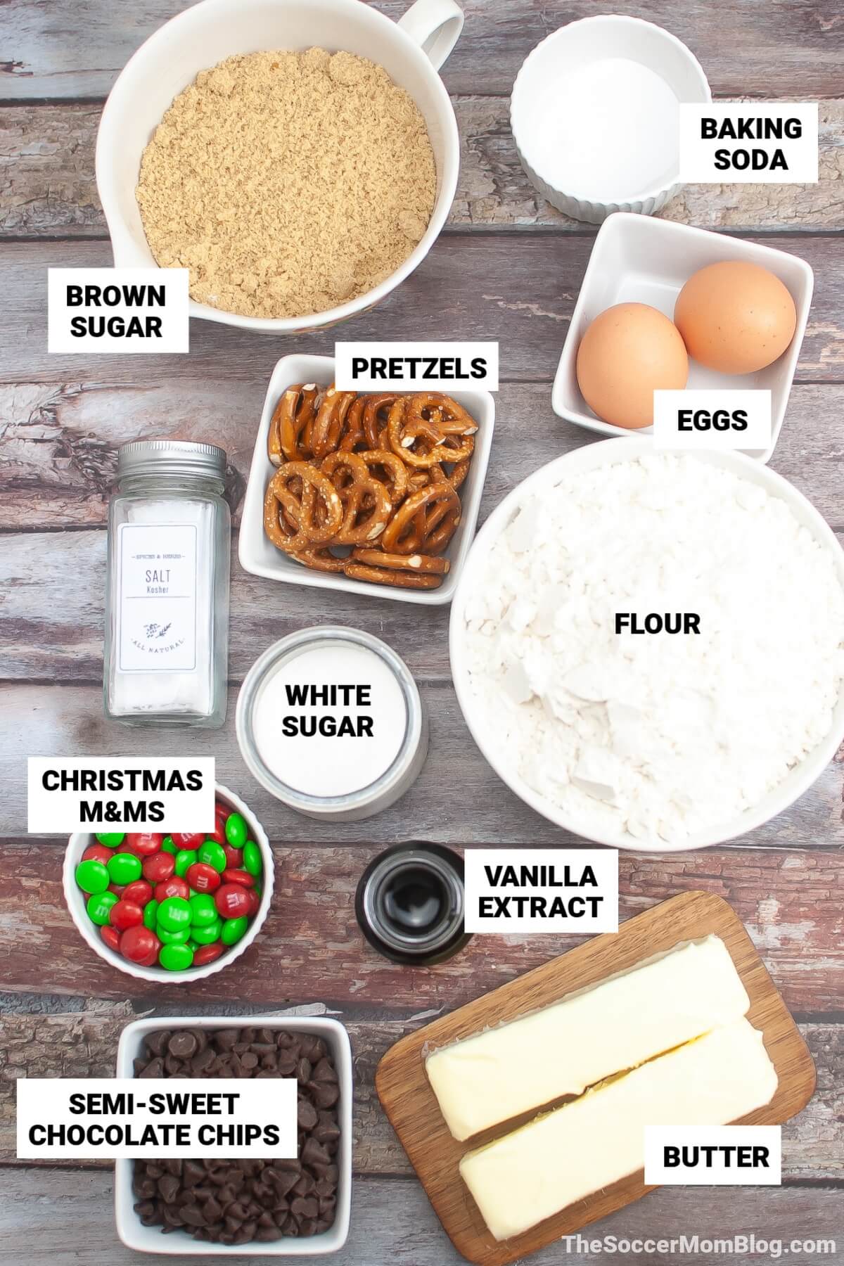 ingredients to make Santa's favorite cookies, with text labels.