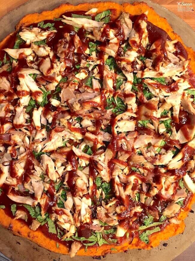 bbq chicken pizza with a sweet potato crust.