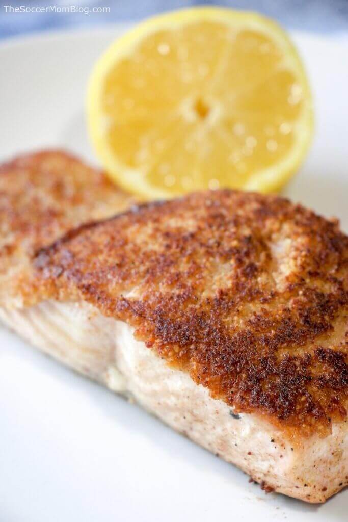 close up of a filet of walnut crusted salmon.