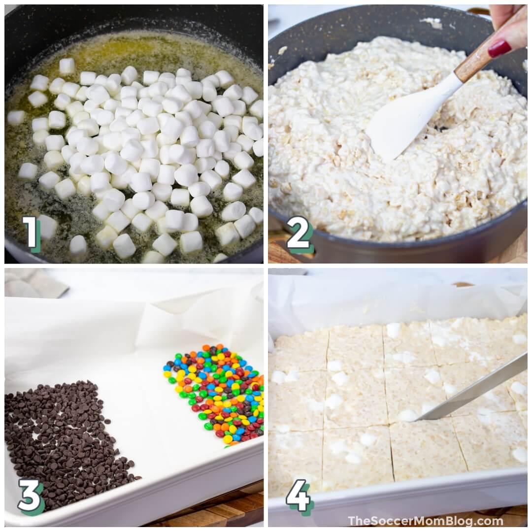 4 step photo collage showing how to make brown butter rice krispie treats.