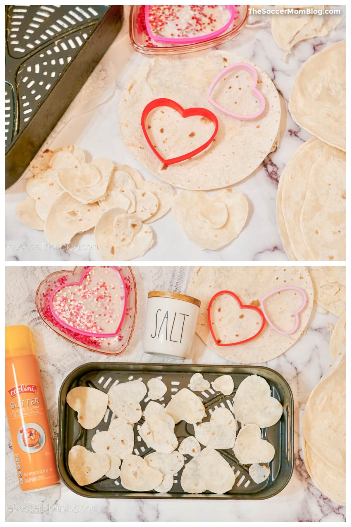 2 step photo collage showing how to make heart shaped tortilla chips in the air fryer.