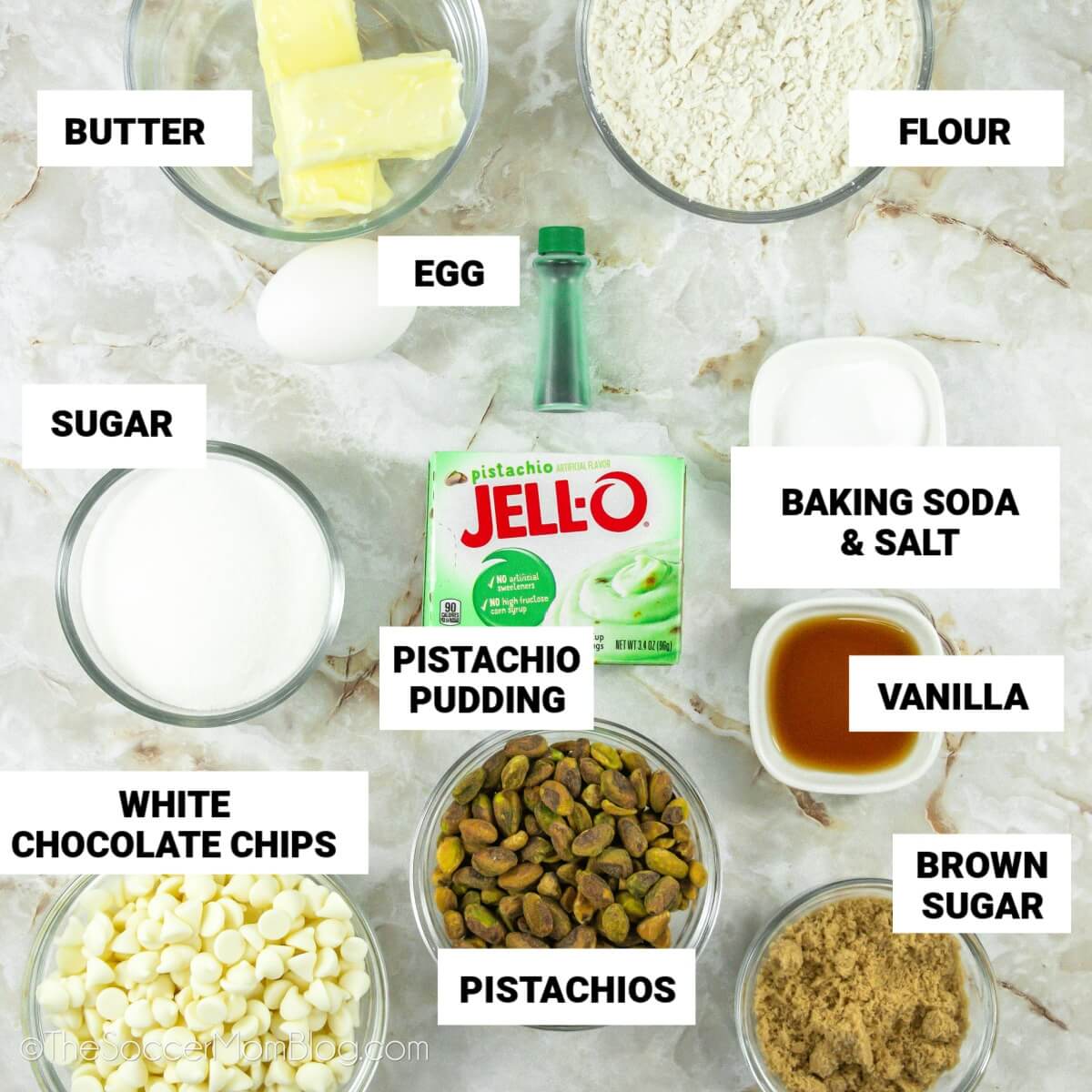 Pistachio Pudding Cookies Ingredients, with text labels.