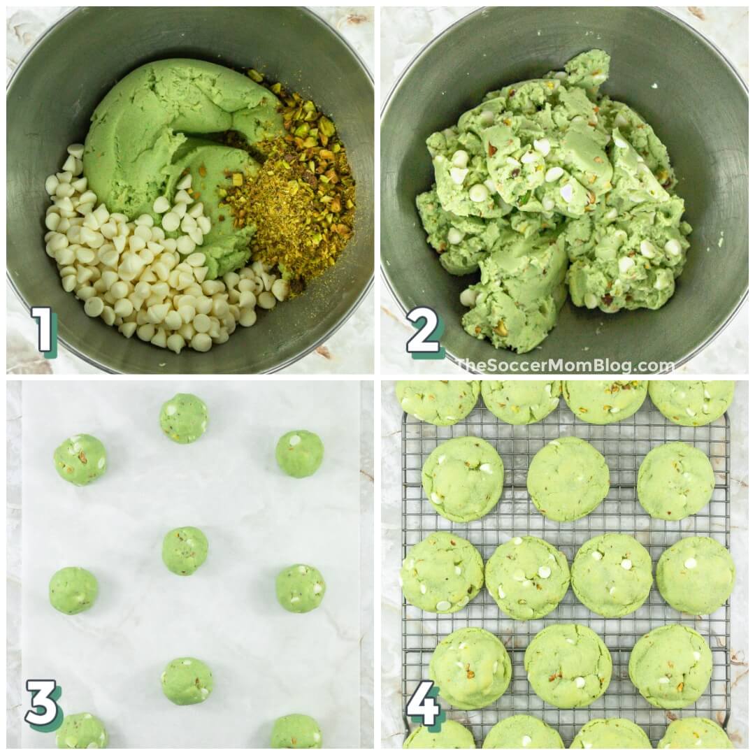 Pistachio Pudding Cookies Step by Step photo collage with 4 photos.