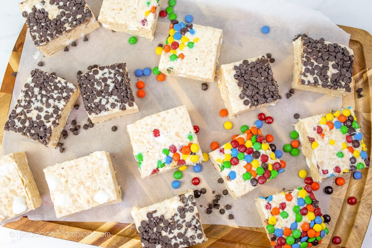 top down of rice krispie treats with candy on top.