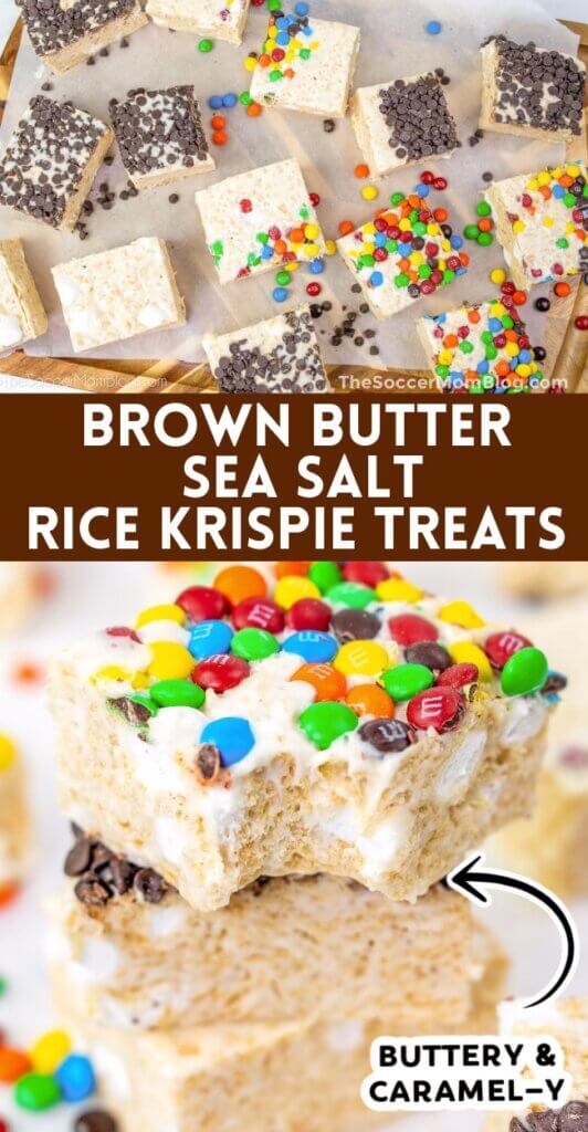 2 photo vertical Pinterest collage of brown butter rice krispie treats recipe.