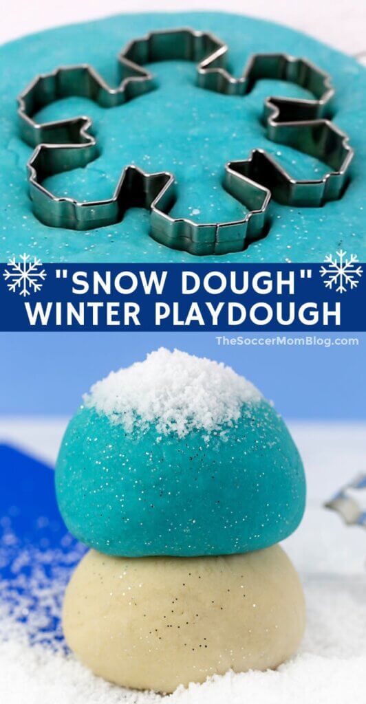 2 photo vertical Pinterest collage showing a snow dough winter play dough recipe.