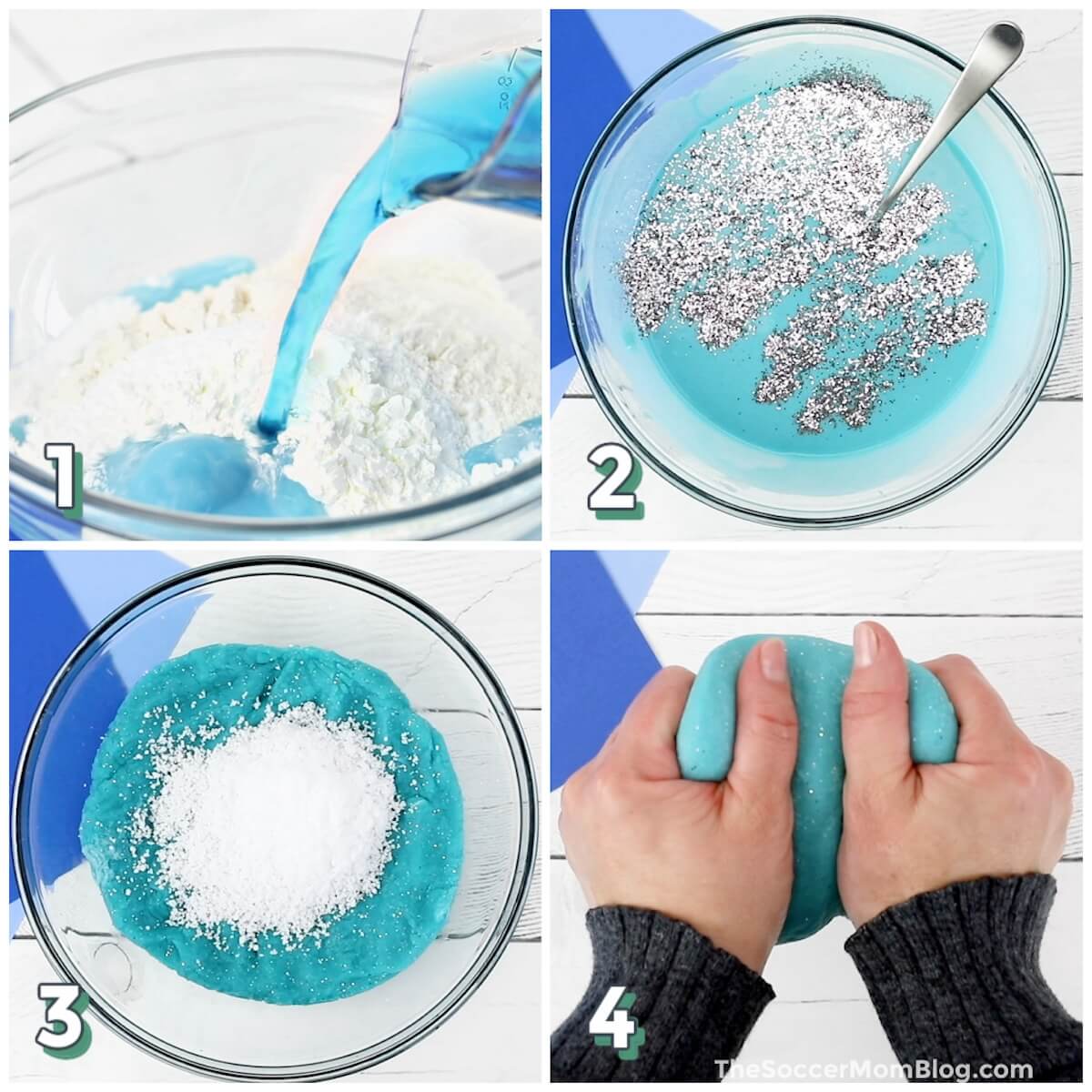 4 step photo collage showing how to make a batch of winter themed playdough.