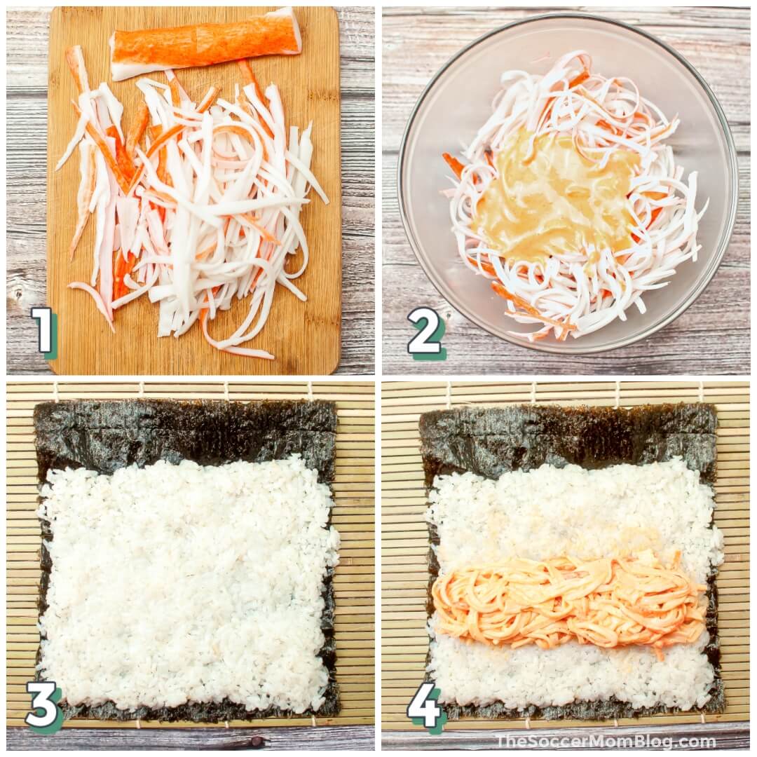 4 step photo collage showing how to make spicy crab salad and starting a sushi roll.