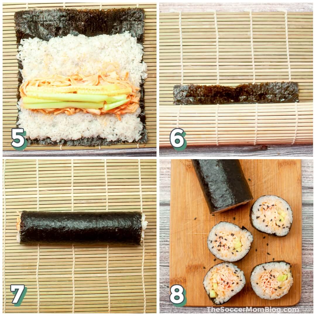 4 step photo collage showing how to roll Spicy Crab Sushi.