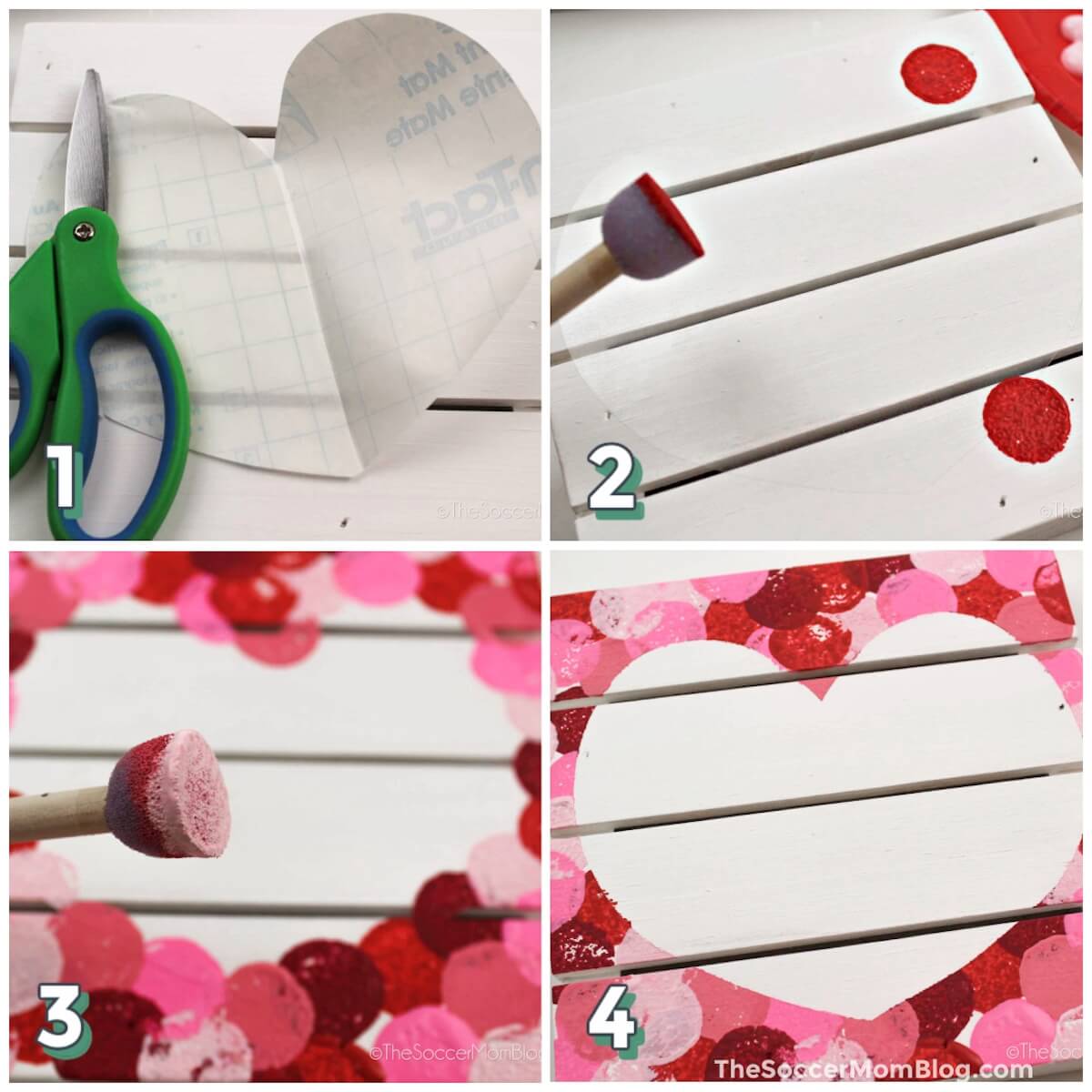 4 step photo collage showing how to make Valentine themed coasters with mini wood pallets.