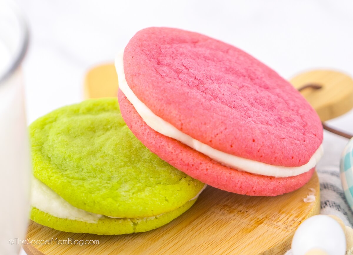 pink and green sandwich cookies.