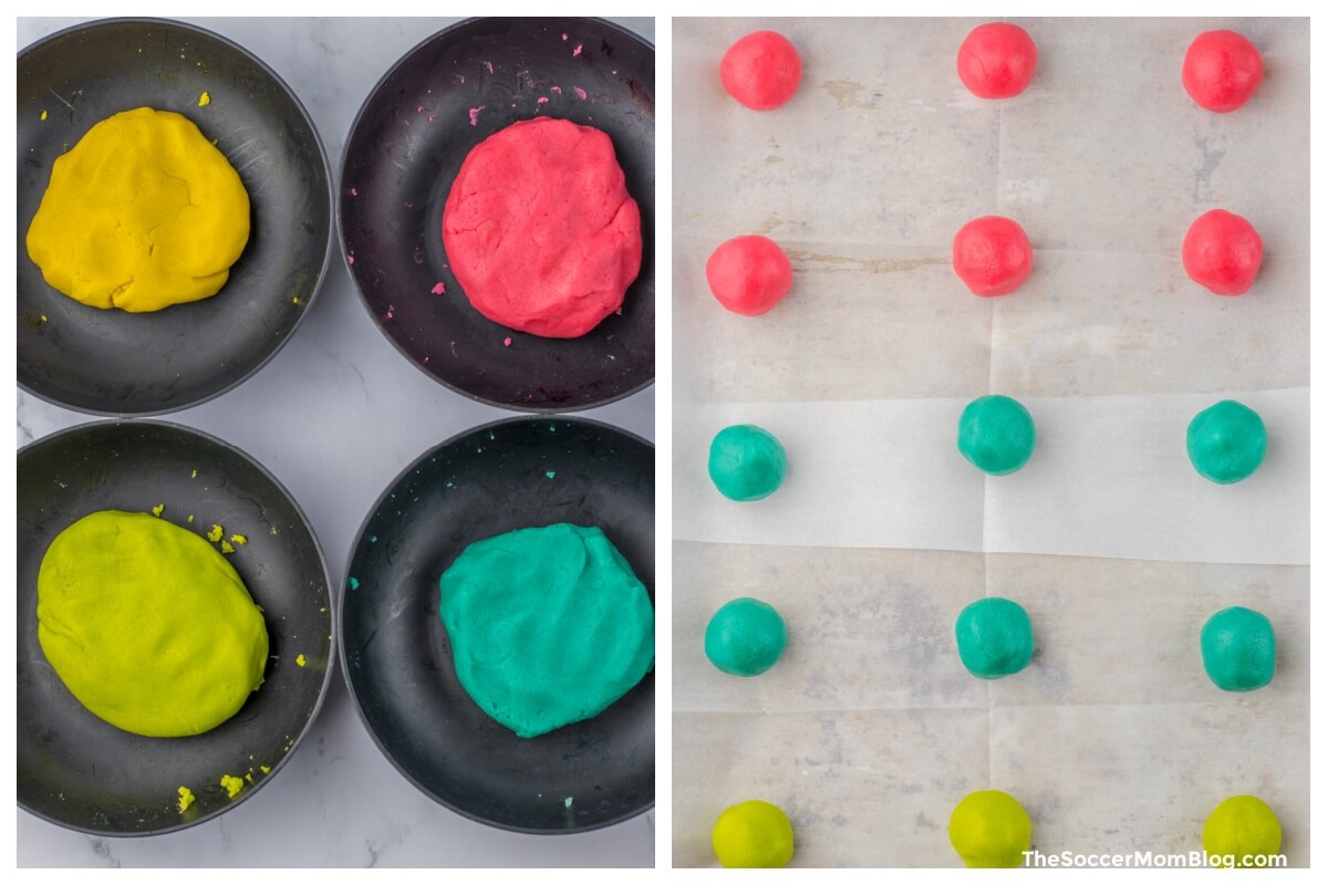2 photo collage showing how to make colorful cookie dough.