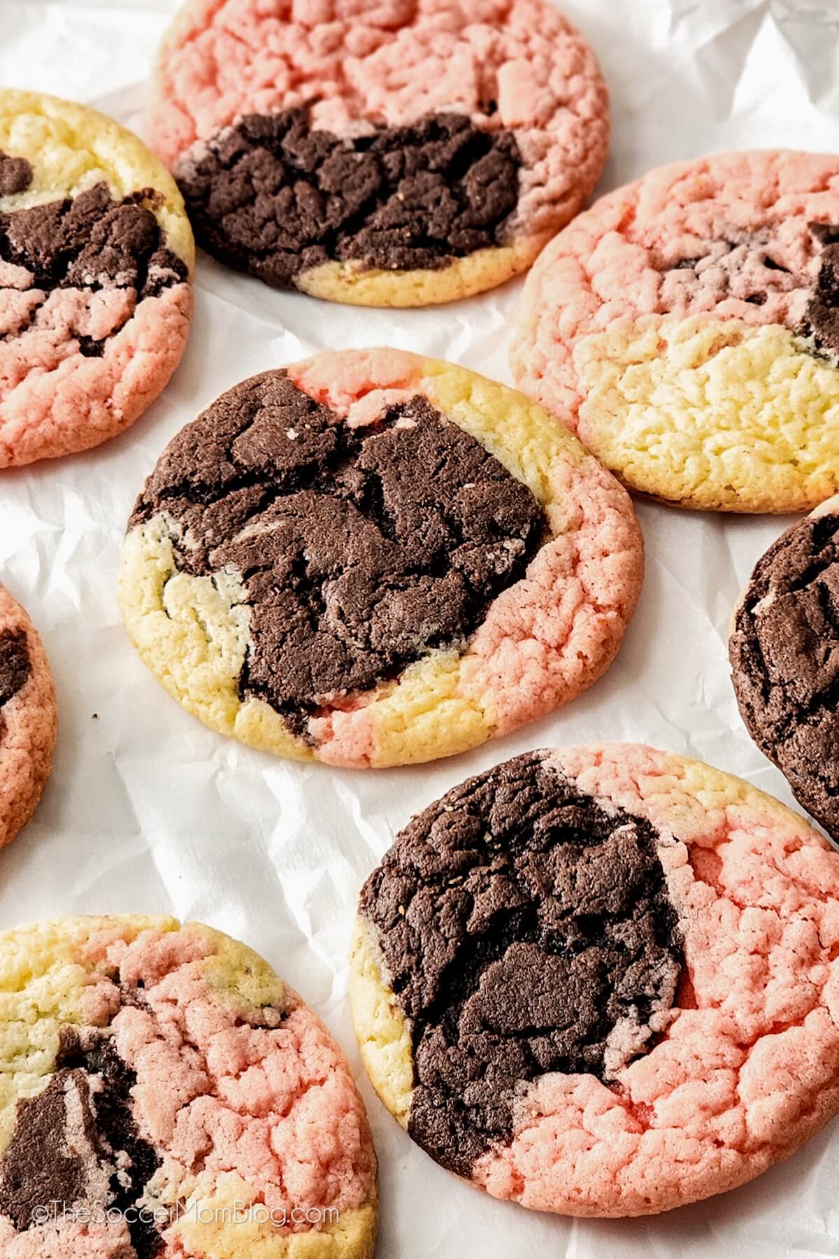 Neapolitan Cookies with chocolate, vanilla, and strawberry flavors.