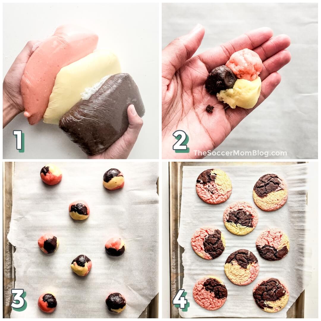 4 step photo collage showing how to make tricolor Neapolitan cookies.