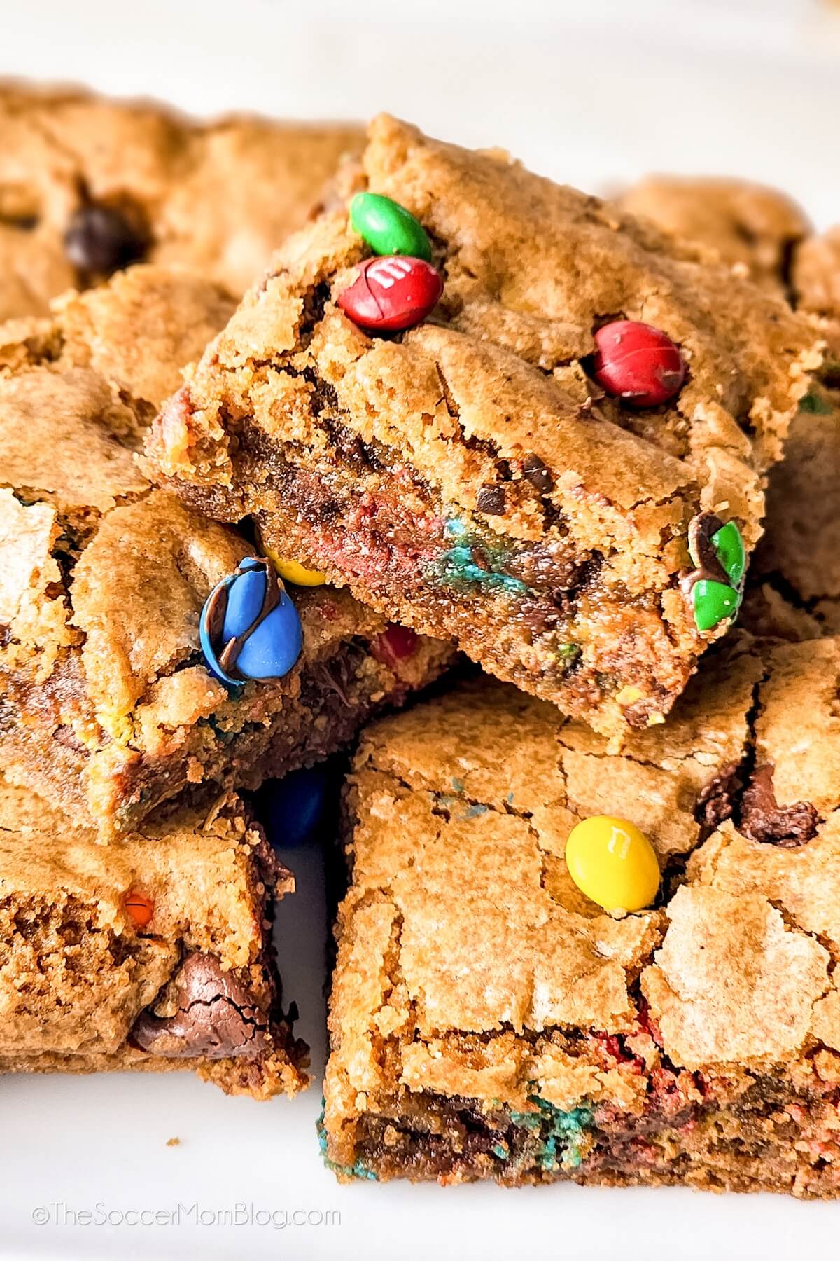 M&M Cookie Bars, close up to show detail.
