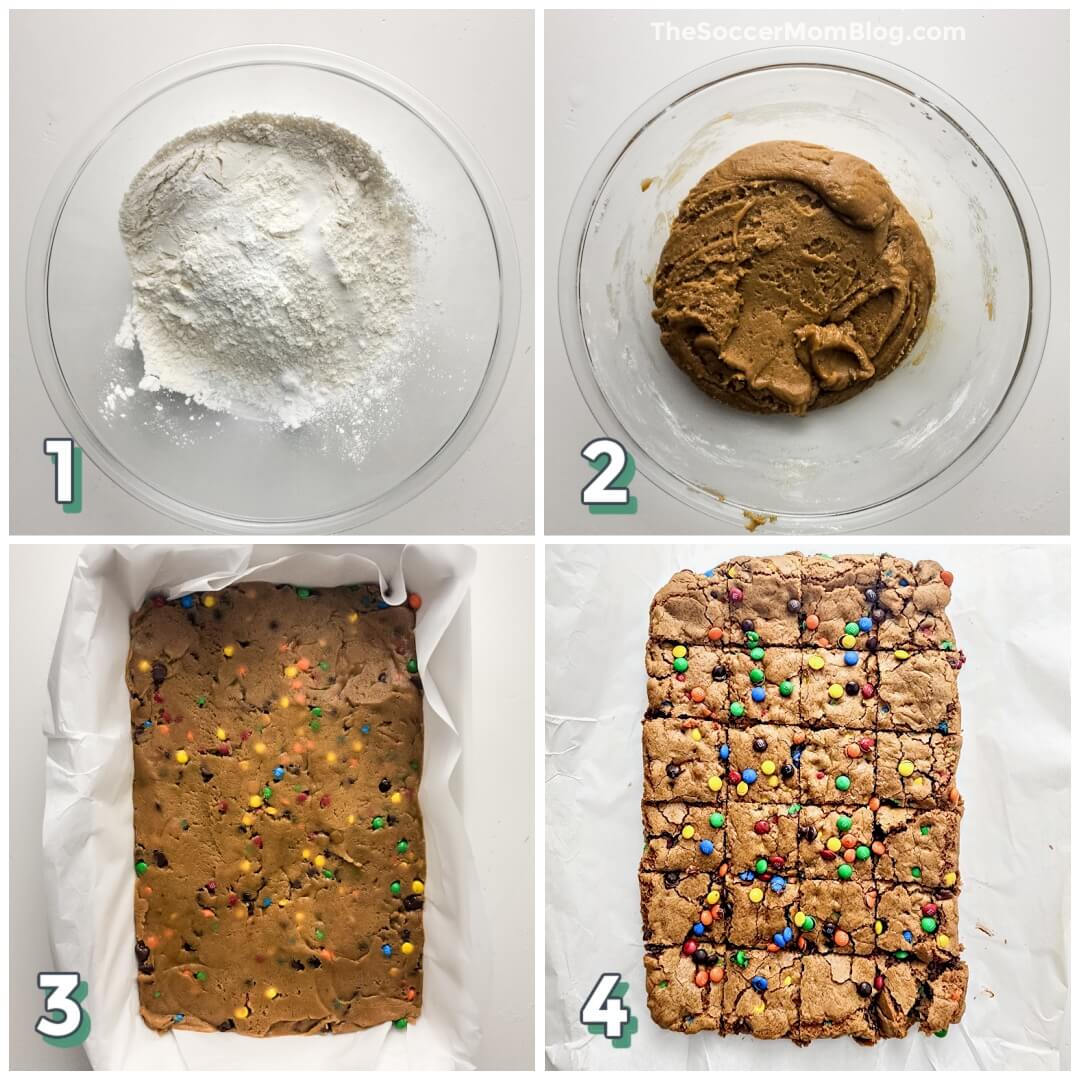 4 step photo collage showing how to make cookie bars filled with M&Ms candy.