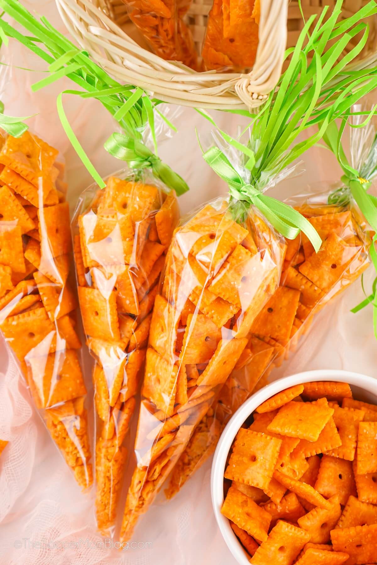 cone-shaped snack bags filled with Cheez-Its to look like carrots.