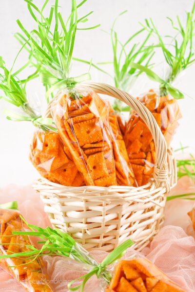 carrot shaped snack bags in an Easter basket.