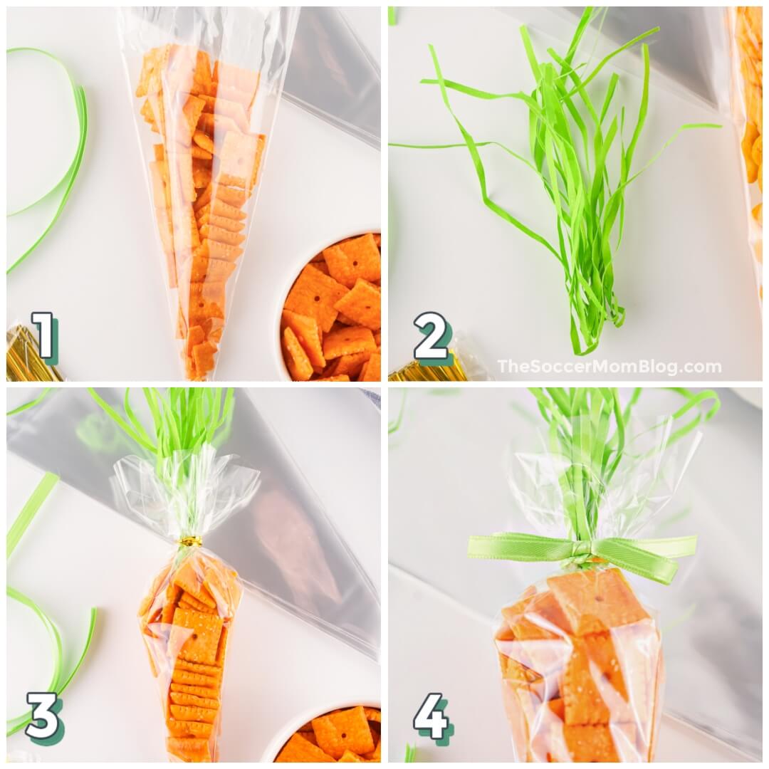 4 step photo collage showing how to make carrot shaped snack bags.
