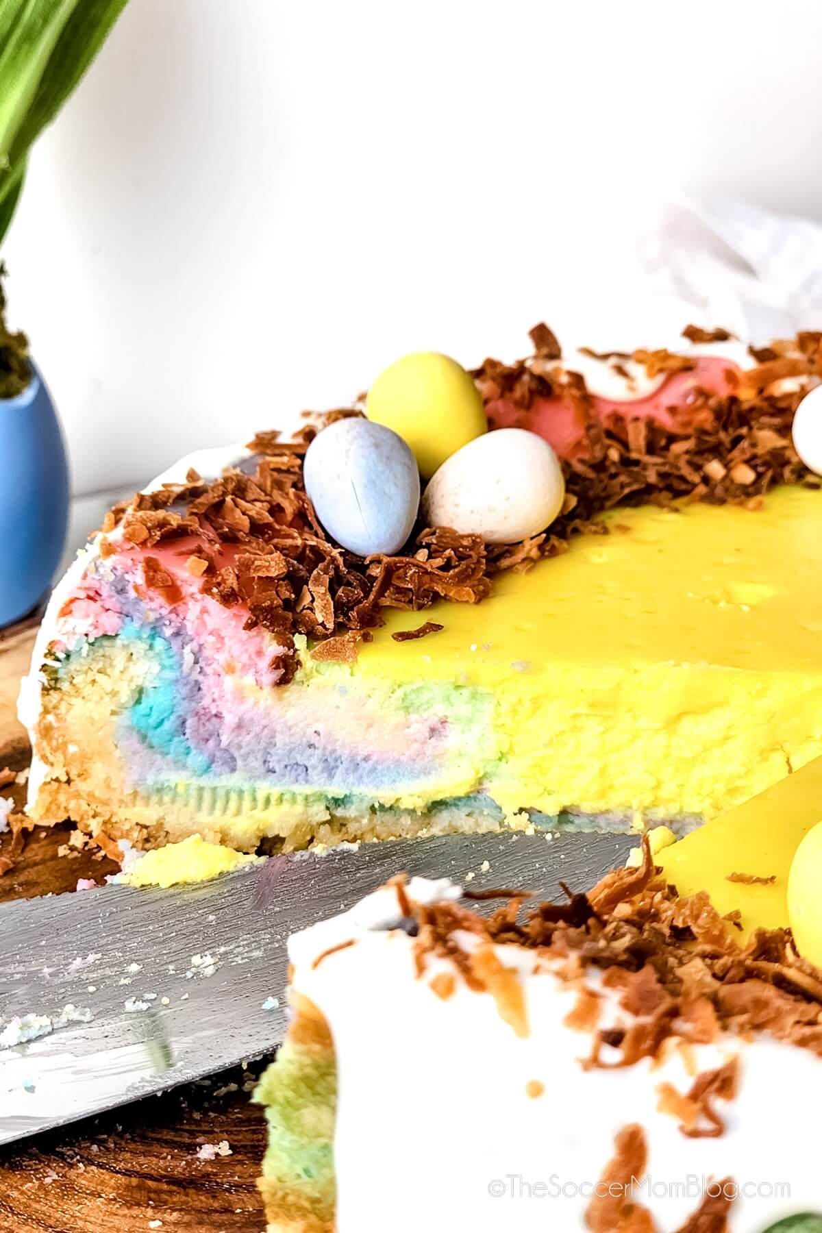 Easter Cheesecake, with a slice missing.