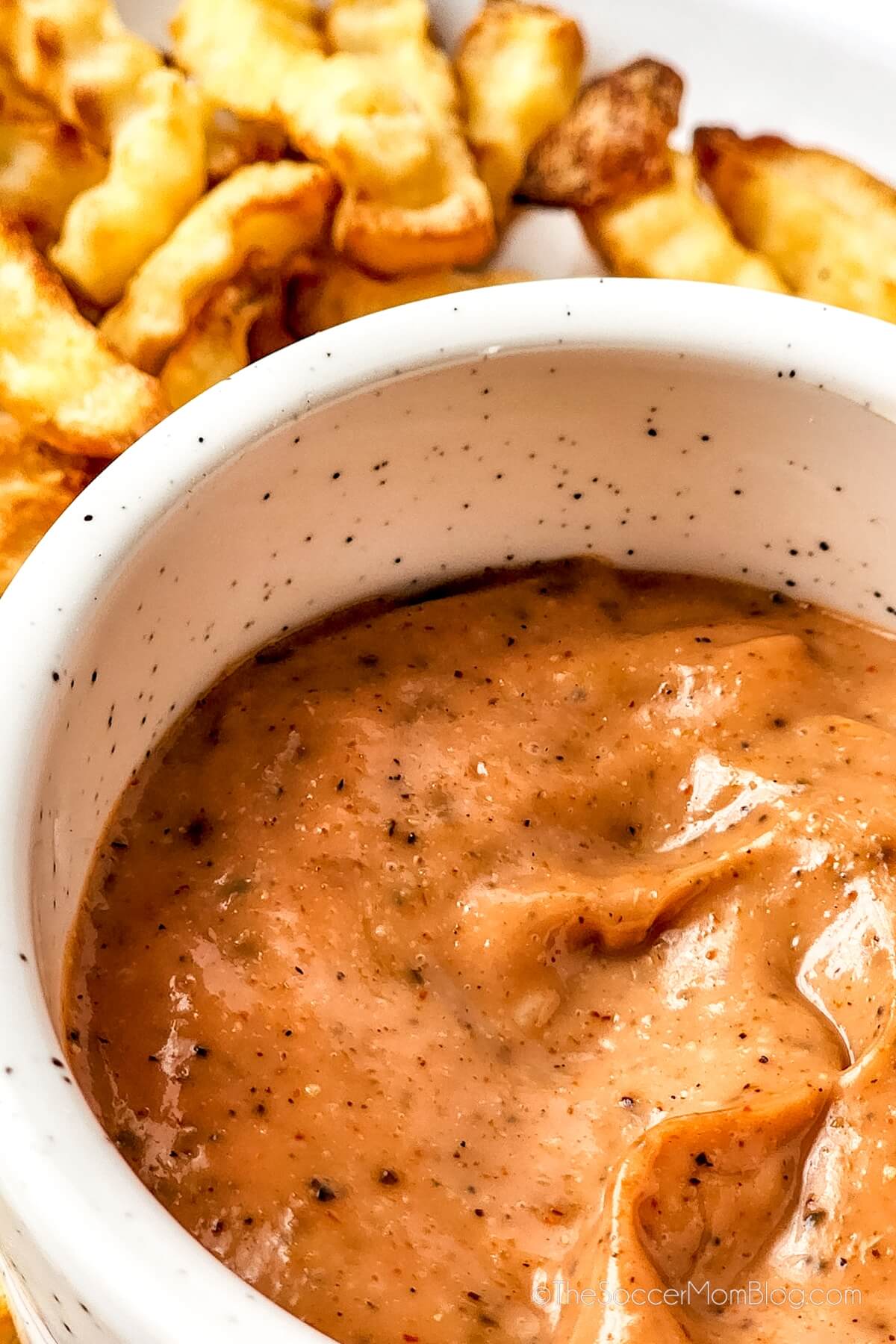 close up of orange dipping sauce on a plate of fries.