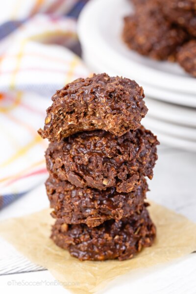 stack of chocolate oatmeal no bake cookies.