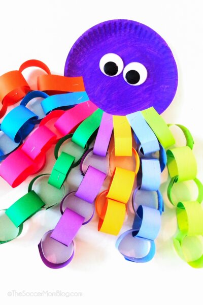 octopus craft made with paper plate and paper chains.