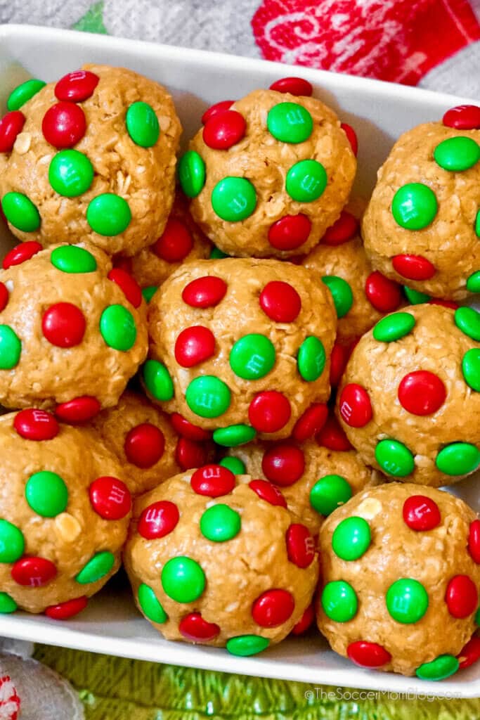 Christmas energy bites snack, with red and green M&Ms.