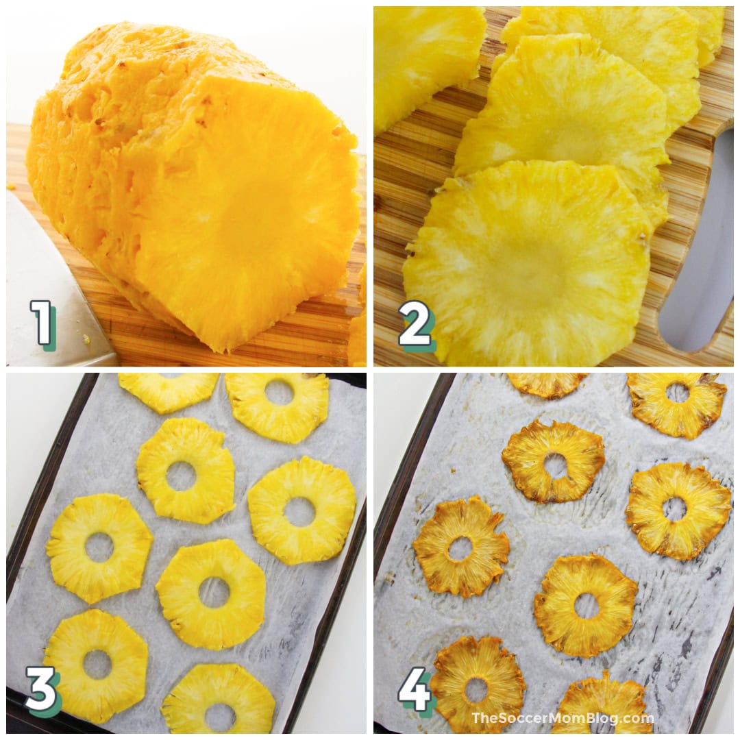 Step by step image collage for making dried pineapple.