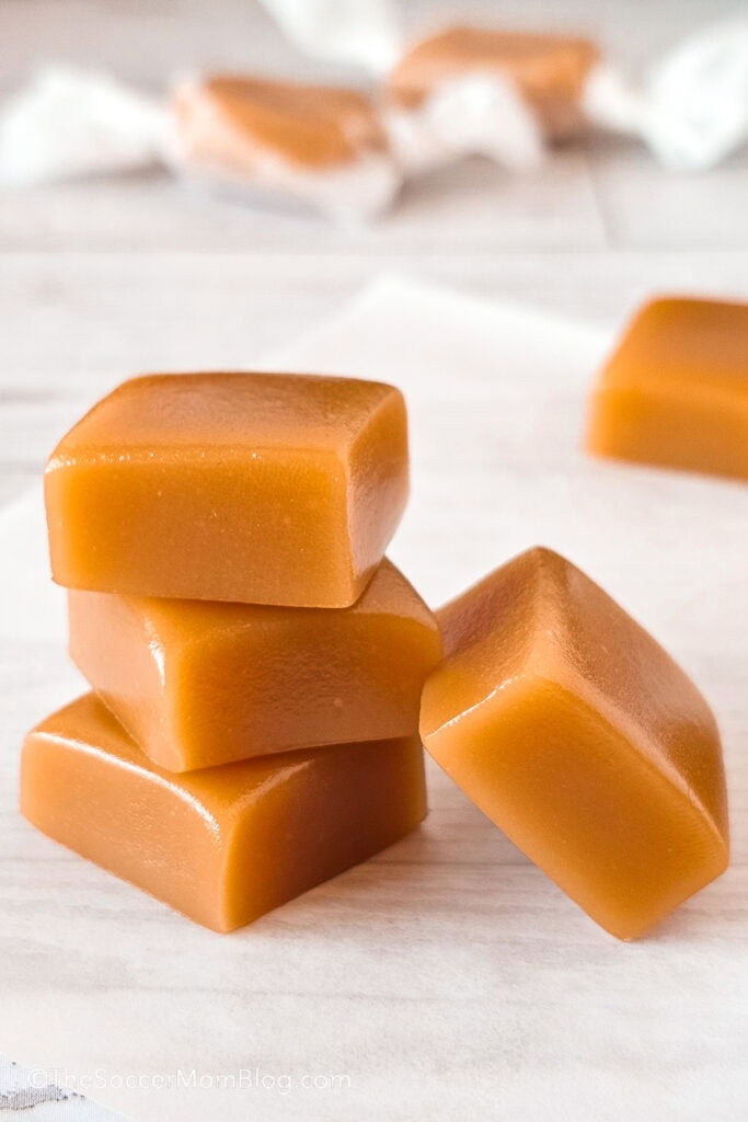 stack of homemade soft caramels.
