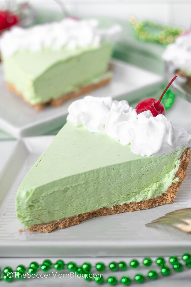 slice of green shamrock shake pie, with another slice in background.
