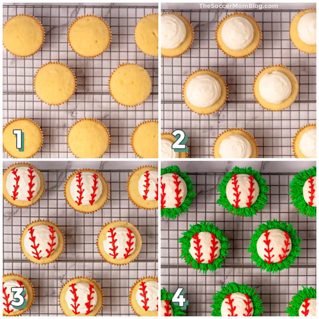 Step by step collage for decorating Baseball Cupcakes.