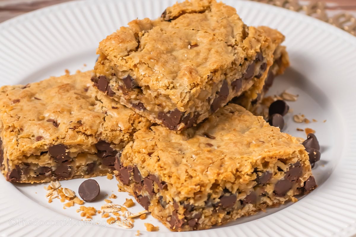 A pile of Oatmeal Chocolate Chip Bars on a plate.
