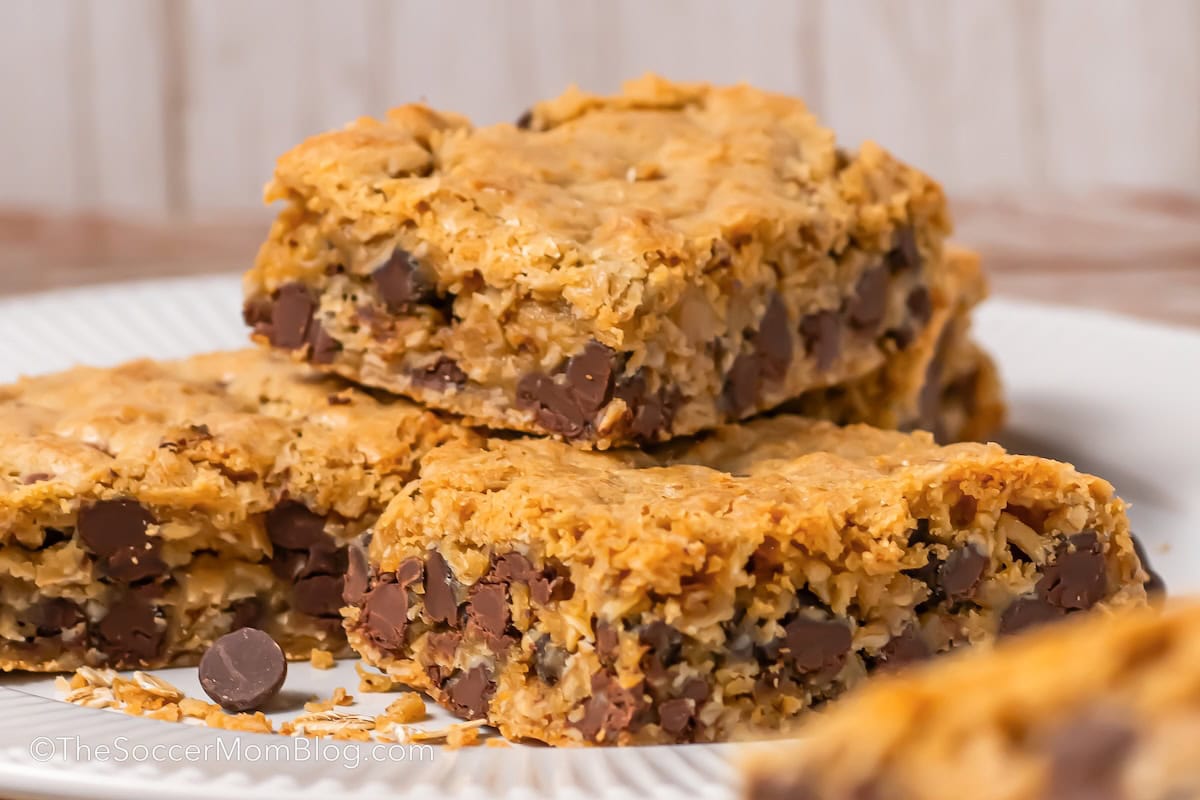 Chocolate Chip Oatmeal Bars stacked on a plate.