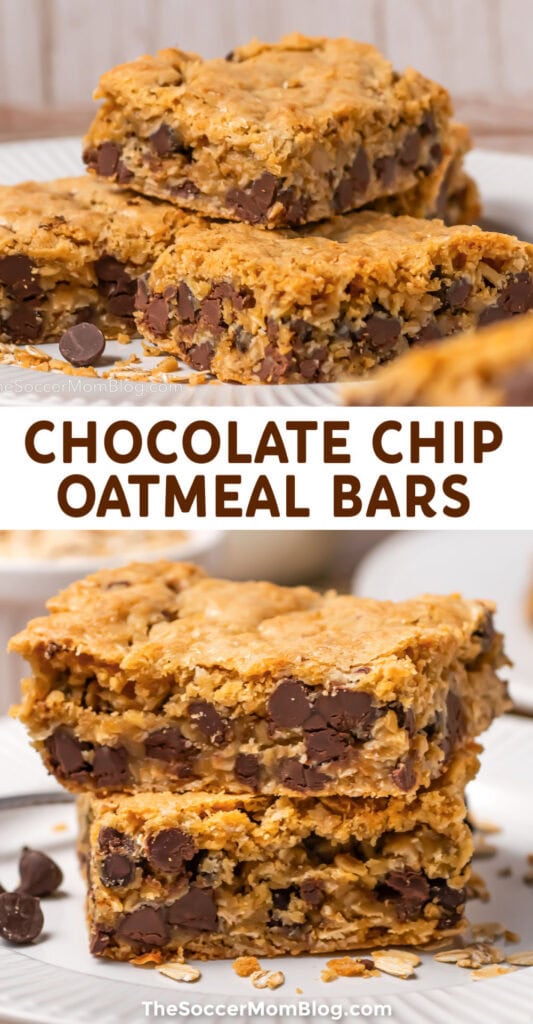 Pinterest style collage for Chocolate Chip Oatmeal Bars.