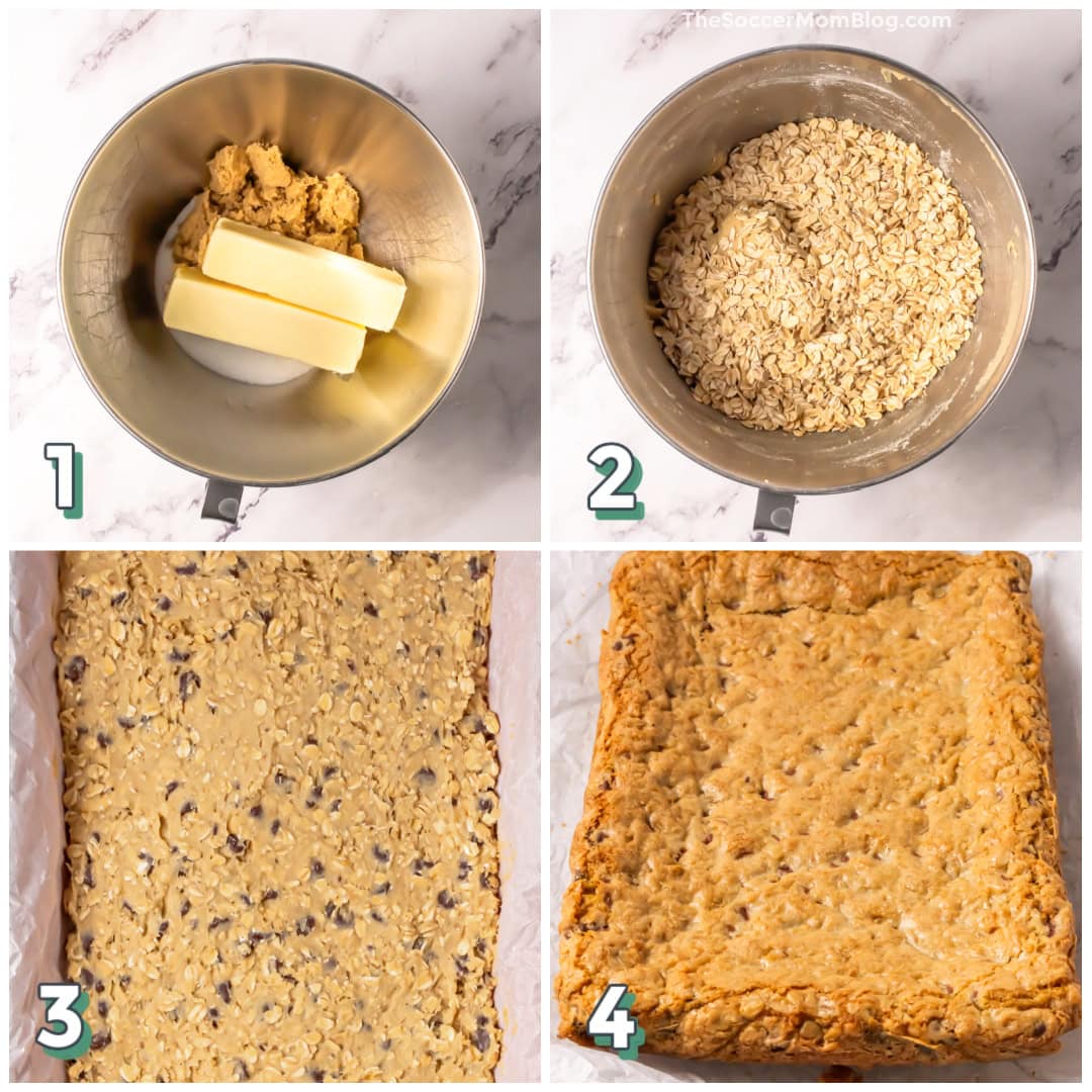4 step photo collage showing how to make oatmeal cookie bars with chocolate chips.