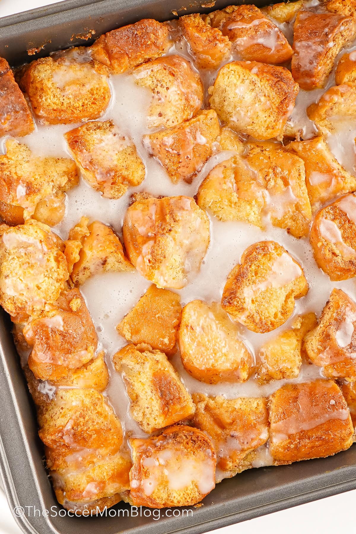 Donut Bread Pudding in a pan.