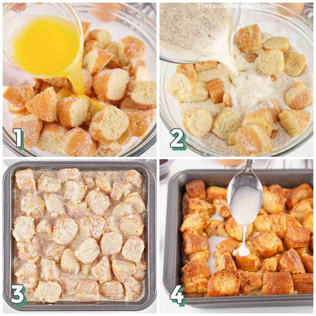 4 step photo collage showing how to make bread pudding with donuts.
