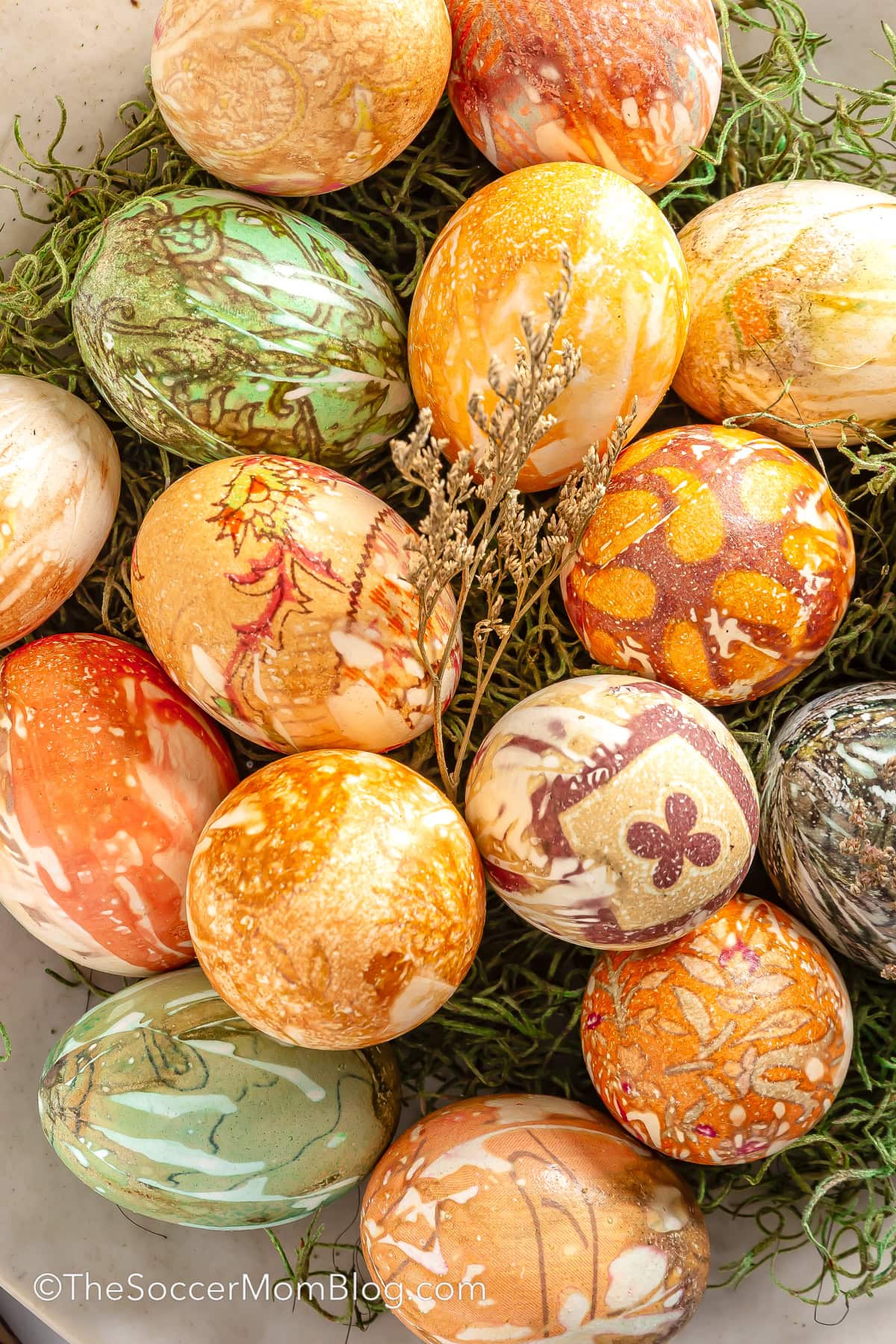 close up of a bunch of patterned silk dyed eggs.