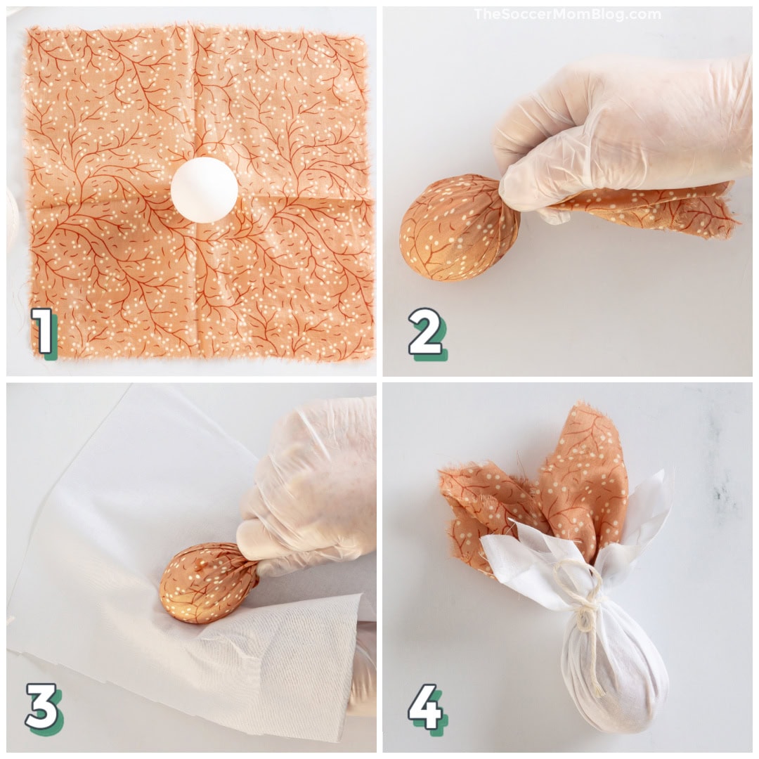 4 step photo collage showing how to wrap eggs in silk to dye them.