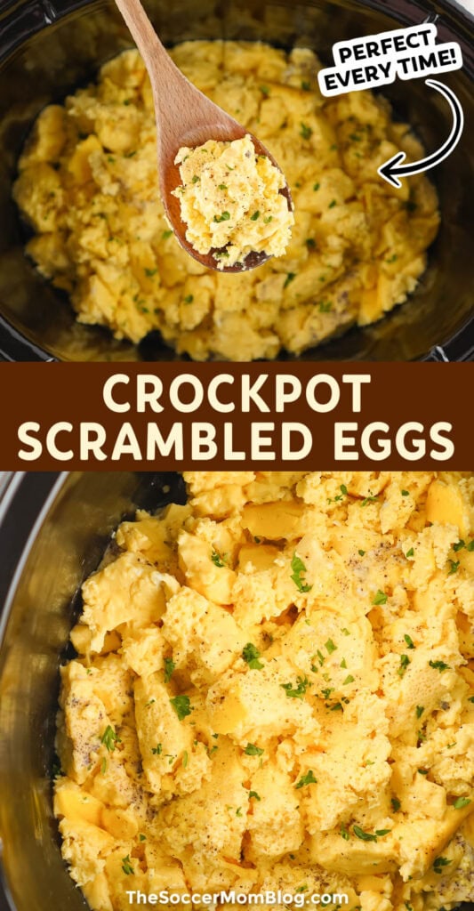 Pinterest style collage for slow cooker scrambled eggs.