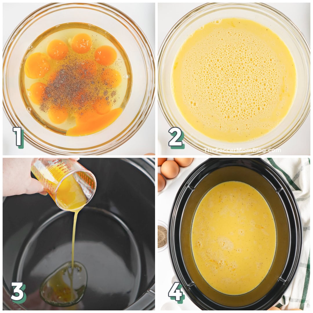 Step by step photo collage for how to make slow cooker scrambled eggs.
